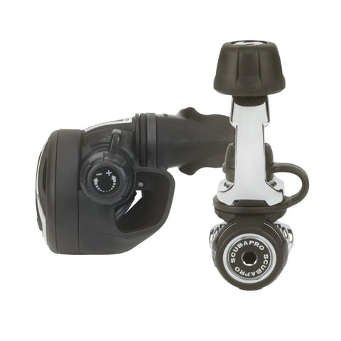 MK11 EVO C370 Dive Regulator System For INT With Air Balanced Diaphragm, Forged Brass Body, side view showing controls