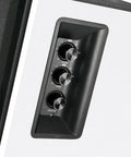 Close-up of control knobs on R1700BT Bluetooth Bookshelf Speakers with 66W RMS Power, white wood enclosure, treble, bass, volume