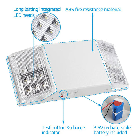 LED Emergency Lighting with Battery Backup, Two Square Head Exit Lights for Business, UL Listed, Hardwired 120/277V AC details.