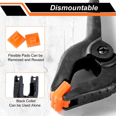 12 Pack 3.5 Inch Heavy Duty Spring Clamps For Crafts And Backdrop Clips shown with dismountable pads and collet, durable nylon, 5 lbf grip.
