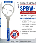 Heavy Duty Metal Water Filter Housing Wrench Built To Last 4.8 Inch Inside Diameter Fits Pentek 150295 American Plumber 152037 Culligan HF Series US Water 2.5x10 And 20 Inch Housings, shown with dimensions and compatibility features.