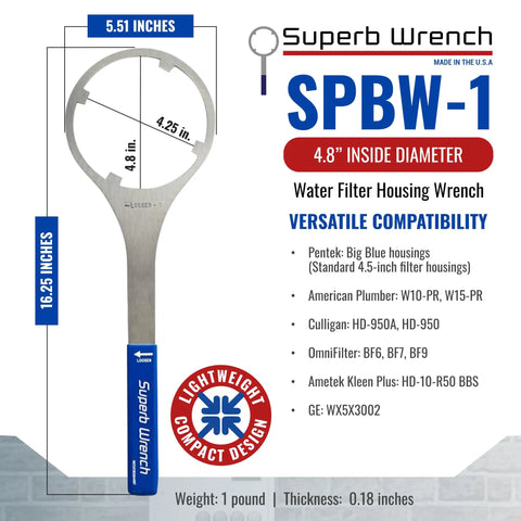 Heavy Duty Metal Water Filter Housing Wrench Built To Last 4.8 Inch Inside Diameter Fits Pentek 150295 American Plumber 152037 Culligan HF Series US Water 2.5x10 And 20 Inch Housings, shown with dimensions and compatibility features.