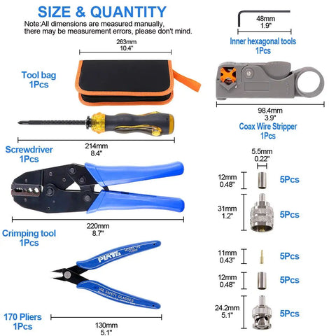Pro Grade Coaxial Cable Tool Set With Ratchet Crimp Tool, Coaxial Stripper, 10 BNC UHF 50 Ohm Male Connectors displayed