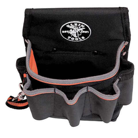 Front view of Tradesman Pro Tool Pouch With Tape Thong And Heavy Duty Reinforced Bottoms, Six Pocket Electrician Bag for tools.