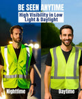 Daytime and nighttime view of High Visibility Neon Safety Vest With Universal Fit ANSI ISEA Class 2 Lightweight Sweat Free Mesh.