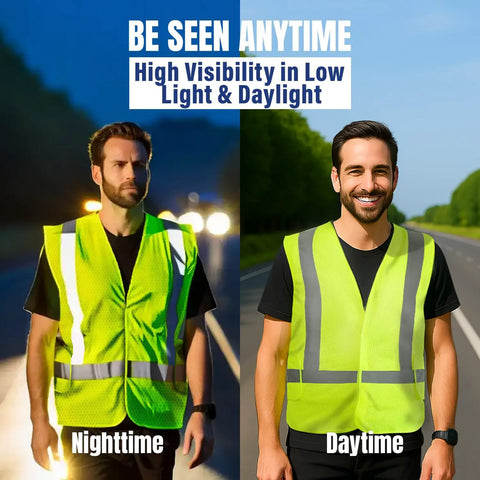 Daytime and nighttime view of High Visibility Neon Safety Vest With Universal Fit ANSI ISEA Class 2 Lightweight Sweat Free Mesh.