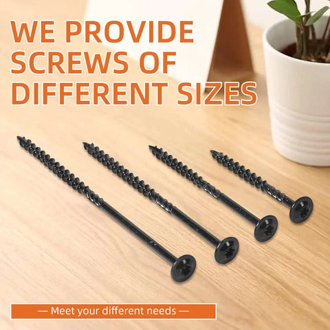 Heavy Duty Wood Structural Screws With Washer Head 6 Inch And 14 Gauge Star Drive Torx Bits Included Black Oxide Coated screws on a wooden table.