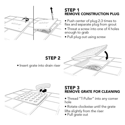 Square Shower Drain Grate In Brushed Nickel Finish Three And Three Quarters Inch Square Includes Grate Puller And Stainless Steel Plate Dope Upgrade For Your Modern Shower installation guide with steps for removal and cleaning.