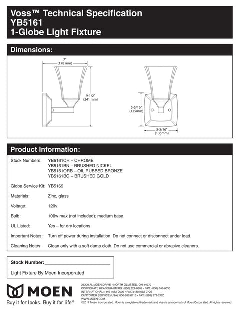 Voss 1-Light Dual-Mount Vanity Light in Oil Rubbed Bronze With Frosted Glass Globe, YB5161ORB technical specification sheet