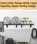 Heavy Duty Garage Wall Shelf Set 2 Pack 1x2 Foot Steel Shelving Racks Holds Up To 100 Lbs Each For Tools Toolbox And Gear Ideal For Workshop Garage And Home Office Organization. Black steel wall shelves in garage with tools and cans