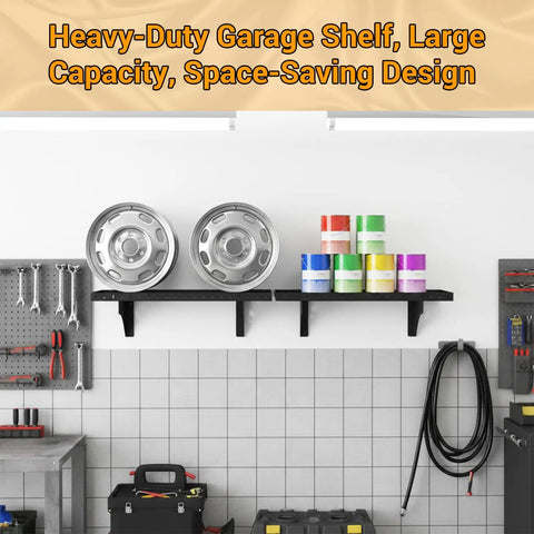 Heavy Duty Garage Wall Shelf Set 2 Pack 1x2 Foot Steel Shelving Racks Holds Up To 100 Lbs Each For Tools Toolbox And Gear Ideal For Workshop Garage And Home Office Organization. Black steel wall shelves in garage with tools and cans