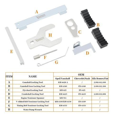 9 Piece Engine Camshaft Alignment Locking Timing Tool Kit With Water Pump Wrench For GM 16V 1.4 1.6 1.8 Engines layout view