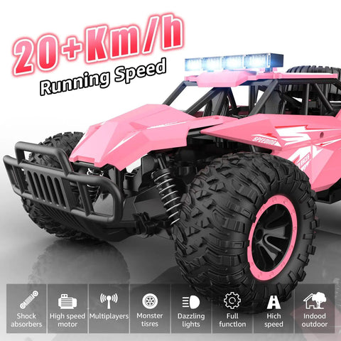 Pink Remote Control Monster Truck For Kids With Crazy Long Battery Life 50 Minute Playtime 1 12 Scale Featuring Flashing Lights