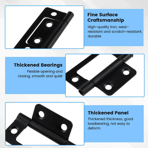 Rock Solid Four Pack Black Non Mortise Butt Hinges With Mounting Screws For Furniture And Window Frames Offering No Sweat Setup And Dang Tough Iron Build In Two Inch Size showing close-up details of thickened bearings and panels.
