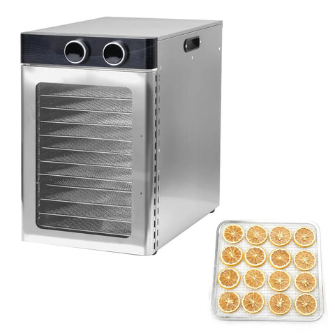 Ultimate Electric Food Dehydrator With 12 Stainless Steel Trays and 1200W Wattage with dried citrus slices on tray.