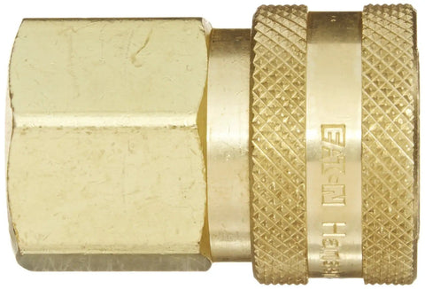 4S26 Brass Straight-Through Ball Lock Hydraulic Fitting Socket showing 1/2-14 NPTF Female port, brass body, smooth finish