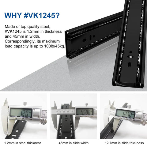 16 Inch Soft Close Drawer Slide With Hydraulic Buffer For Quiet Easy Glide No Slam Closing 3 Fold Full Extension Heavy Duty 100 lb Capacity Ball Bearing Side Mount Black Finish 5 Pair shown with measurements