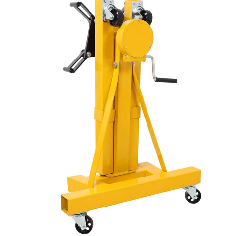 Tough As Nails 1500 LB Engine Hoist Stand with yellow steel frame, geared swivel head, and six wheel mobility base.