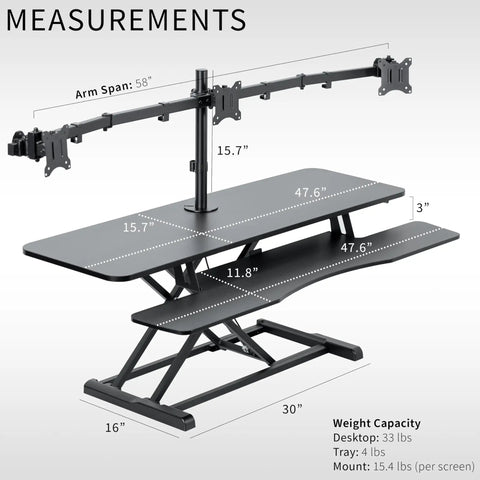 Height Adjustable 48 Inch Standing Desk Converter With Triple Monitor Mount For 21.5 To 27 Inch Screens Up To 15.4 Lbs Each measurements