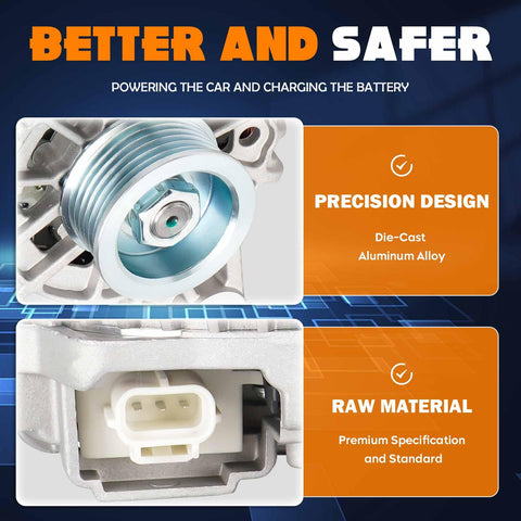 Close-up of Beefed Up Plug And Play Alternator Compatible With Ford F-150 2004-2008 4.6L 5.4L aluminum design and connector