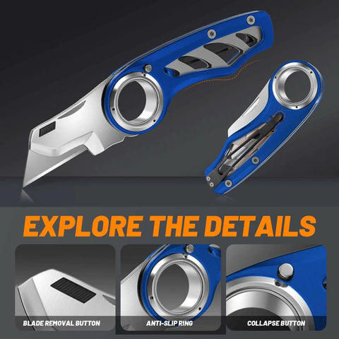 Folding Utility Knife Pocket Knife Heavy Duty Box Cutter With Aluminum Body Quick Change Blades Anti Slip Finger Loop Durable Razor Knife For Home Office And Warehouse Tackle Tough Jobs With Ease, blue aluminum handle