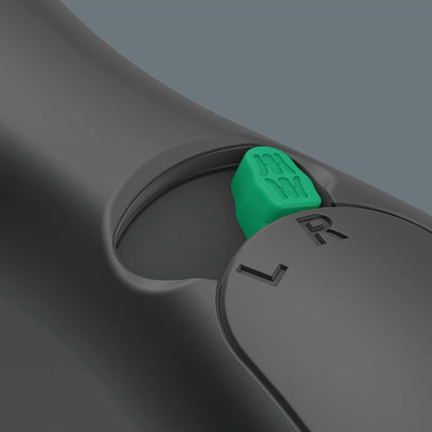Close-up of 416 RA T Handle Bitholding Screwdriver With Ratchet Function showing green reversing lever and ergonomic design.