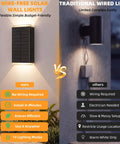 Four Pack Solar Wall Lights For Outdoor Use With Dusk To Dawn Sensor And Up Down Sconce Layout Offering 13 Lighting Modes Plus Trendy RGB Shades comparison to traditional wired lights.