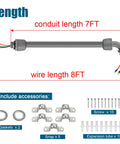 7 ft conduit with 8 ft pre-wired 3x10AWG THHN copper wires, 90-degree and straight connectors, air conditioner wiring accessories shown