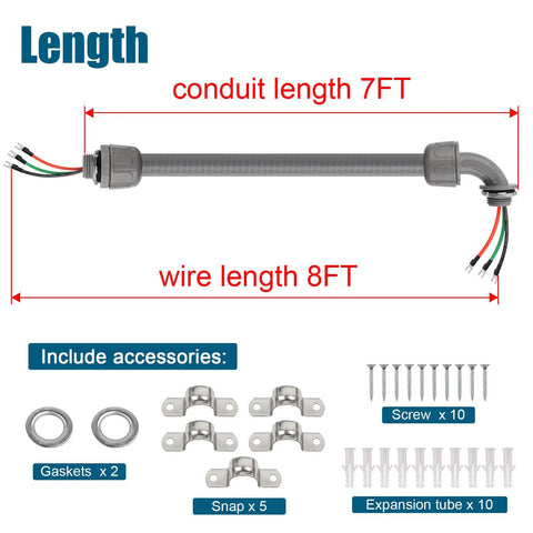 7 ft conduit with 8 ft pre-wired 3x10AWG THHN copper wires, 90-degree and straight connectors, air conditioner wiring accessories shown