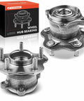 Two Rear Wheel Bearing And Hub Assemblies With 5 Lug Pattern For Nissan Rogue 2008 Through 2013 And Juke 2011 Through 2014 AWD Only High Load Capacity And Durable Sealed Bearings For Smooth Trouble Free Rides, showing two metal hub assemblies with packaging.