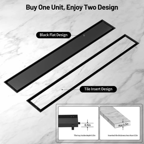 12 Inch Black Linear Shower Drain Crafted From Premium 304 Stainless Steel featuring black flat and tile insert design options on a marble surface.