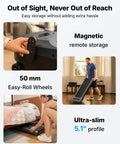 Heavy Duty Under Desk Walking Pad Treadmill With Auto Incline Smooth Glide Motor For Your Home Office Setup showing the easy-roll wheels and magnetic remote storage.
