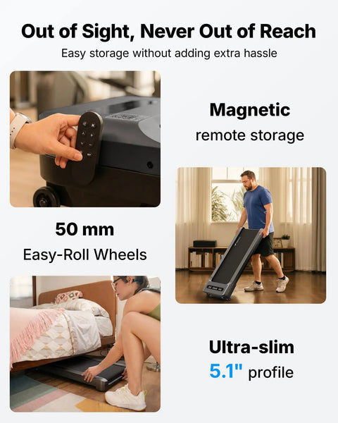 Heavy Duty Under Desk Walking Pad Treadmill With Auto Incline Smooth Glide Motor For Your Home Office Setup showing the easy-roll wheels and magnetic remote storage.