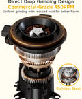 Next Level Electric Burr Coffee Grinder With 34 Dead Simple Settings And 40 Millimeter Stainless Steel Conical Burrs For Smooth Daily Brews In Clean White Setup showing direct drop grinding design and 40mm stainless steel burrs.