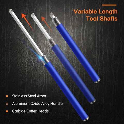 Carbide Tipped Wood Turning Tools Set With Pro Grade Aluminum Grip Handles and Interchangeable Shafts on black background.