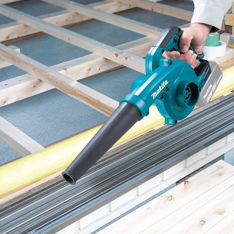 Heavy Hitter 18V Cordless Leaf Blower Featuring Variable Three Speed Control and 219 Mph Air Velocity in use on wooden beams.