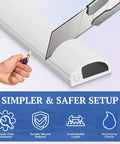 118 Inch Wall Cord Hider With Self Adhesive Silicone Cable Covers, knife cutting silicone showing easy setup, flame test, and icons