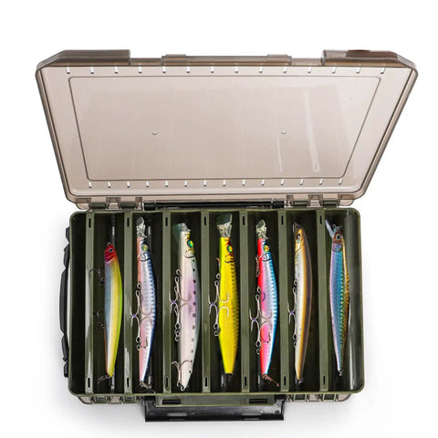 Open Three Pack Double Sided Fishing Lure Boxes With 14 Compartments Clear Plastic Tackle Organizer Two Buckles Visible Bait