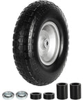 13 Inch Flat Free Wheelbarrow Tire 4.00 6 Heavy Duty With Universal Solid Tire And Five Eighth Inch Bearing Plus Three Quarter Inch Bearing Kit Replacement Wheel For Wheelbarrow Hand Truck Garden Includes Adapter Kit with visible steel rim and adapter kit components.