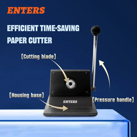 Enters paper cutter with cutting blade, pressure handle, and housing base for efficient time-saving cutting.
