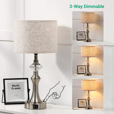 Bedside Table Lamp With Two USB Ports And Three Way Dimmable Touch Control, Crystal Accent, Fabric Shade, Displaying Dimmer Options