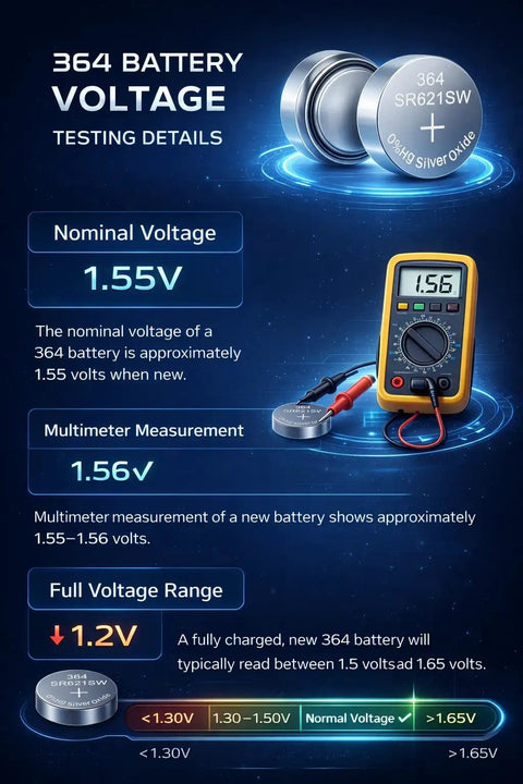 Top Shelf SR621SW And 364 Watch Batteries Ten Pack 1.55V Silver Oxide battery testing details with multimeter.