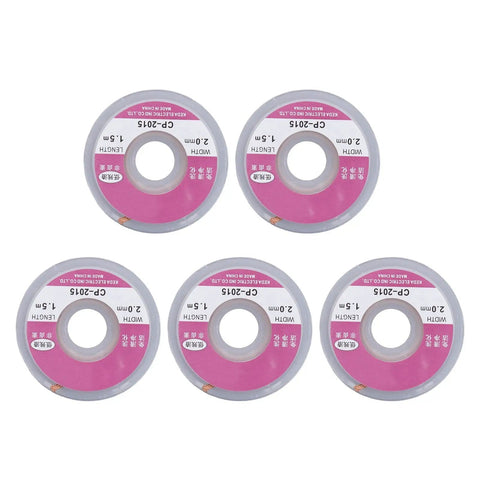 Five Piece Must Have Premium Tin Solder Wick Kit With High Efficiency Flat Braided Design displayed in five pink spools