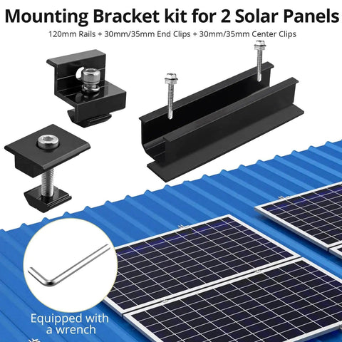 Aluminum Solar Panel Mounting Kit With 4.72 Inch Rails, 30mm And 35mm End Clamps Plus Mid Clamp, mounted on blue metal roof