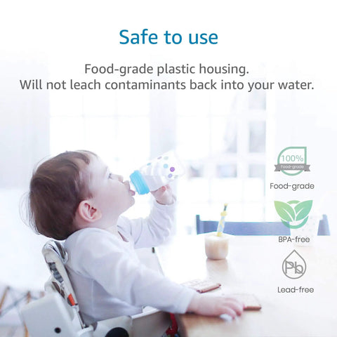 Child drinking water, highlighting Replacement Water Filter For Moen Sip Filtered Kitchen Faucets, Premium Coconut Carbon Block safety features.