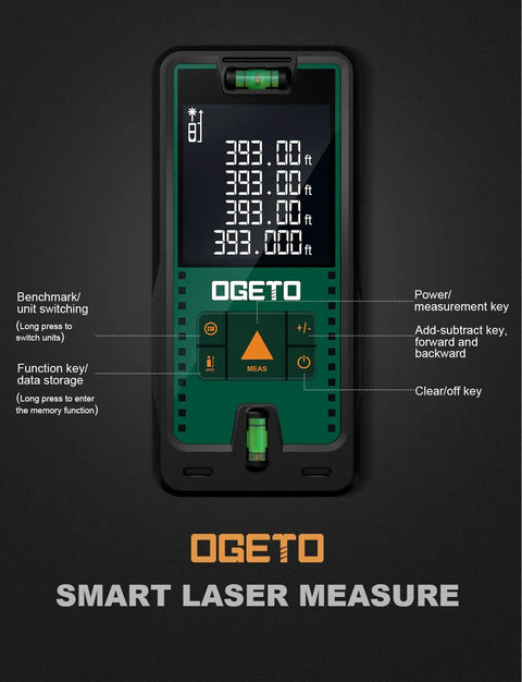 Laser Distance Meter With 393 Feet Range, Digital Backlit LCD, 6-Digit Display, Two Bubble Levels, M In Ft Unit Switching
