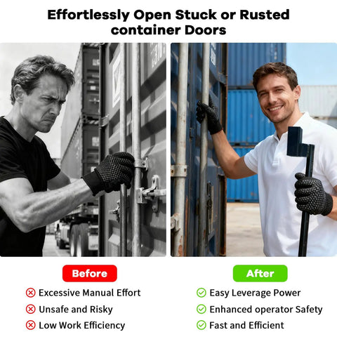 Heavy Duty Container Door Leverage Bar With Non Slip Handle For Shipping Doors Quick Start Lever System Ergonomic Design For Easy Operation Ideal For Loaders Warehouse And Port Workers Durable Black 1 Pack, man opening container door