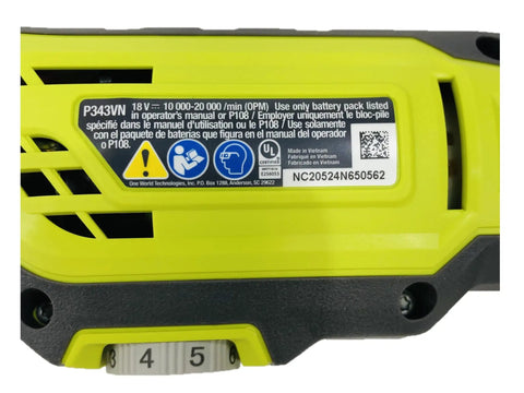 18 Volt Cordless Oscillating Multi Tool P343 Bare Tool Bulk Packaged With Variable 10000 To 20000 OPM And 3 Degree Oscillation Ultra Compact Lightweight Build Battery And Charger Sold Separately No Retail Packaging, label detail