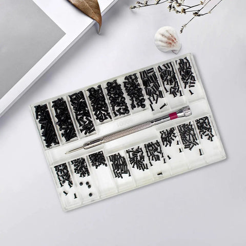 Hella Useful Metric Micro Screw Kit M1.2 M1.4 M2 Precision Hardware Fasteners in a dustproof case with assorted black screws.
