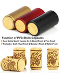 Wine Bottle Corks And Seals Kit with 200 pcs corks and 100 pcs PVC caps, featuring natural size 8 corks, red, black, gold caps.
